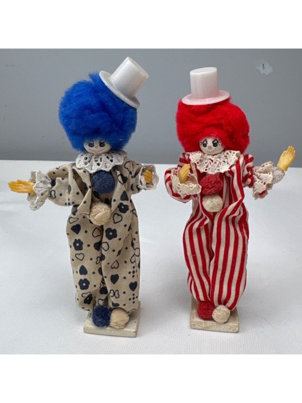 6.5" Clothespin Clown Figurines Red Blue Yarn Hair Stands Set Vintage